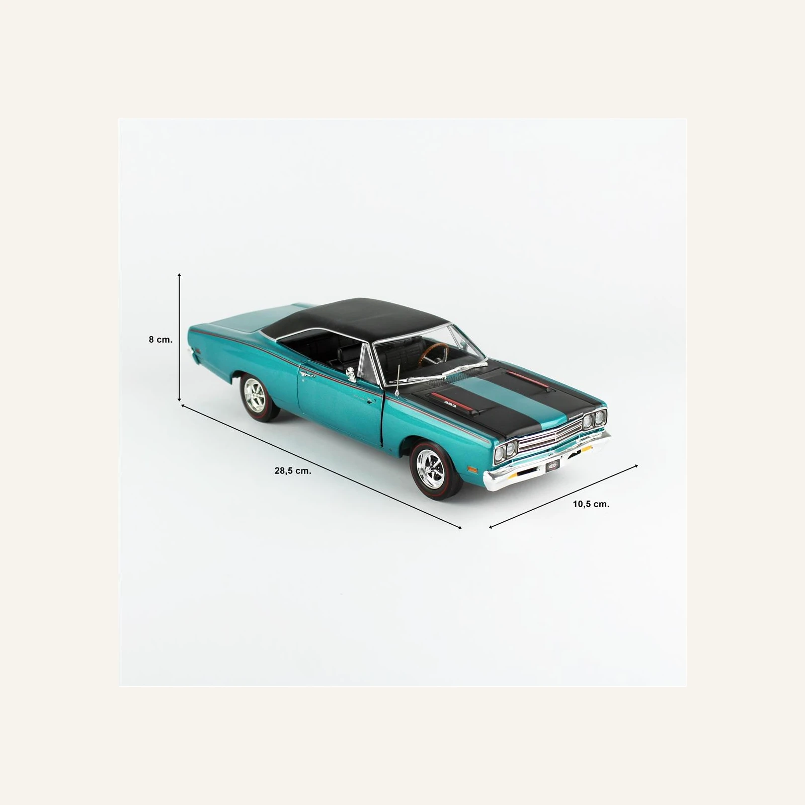 AutoWorld AMM1289 1/18 Ölçek, 1969 Plymouth Road Runner Hardtop (MCACN), Q5 Turquoise